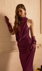Lace Bodice Ruched Maxi Dress In Magenta