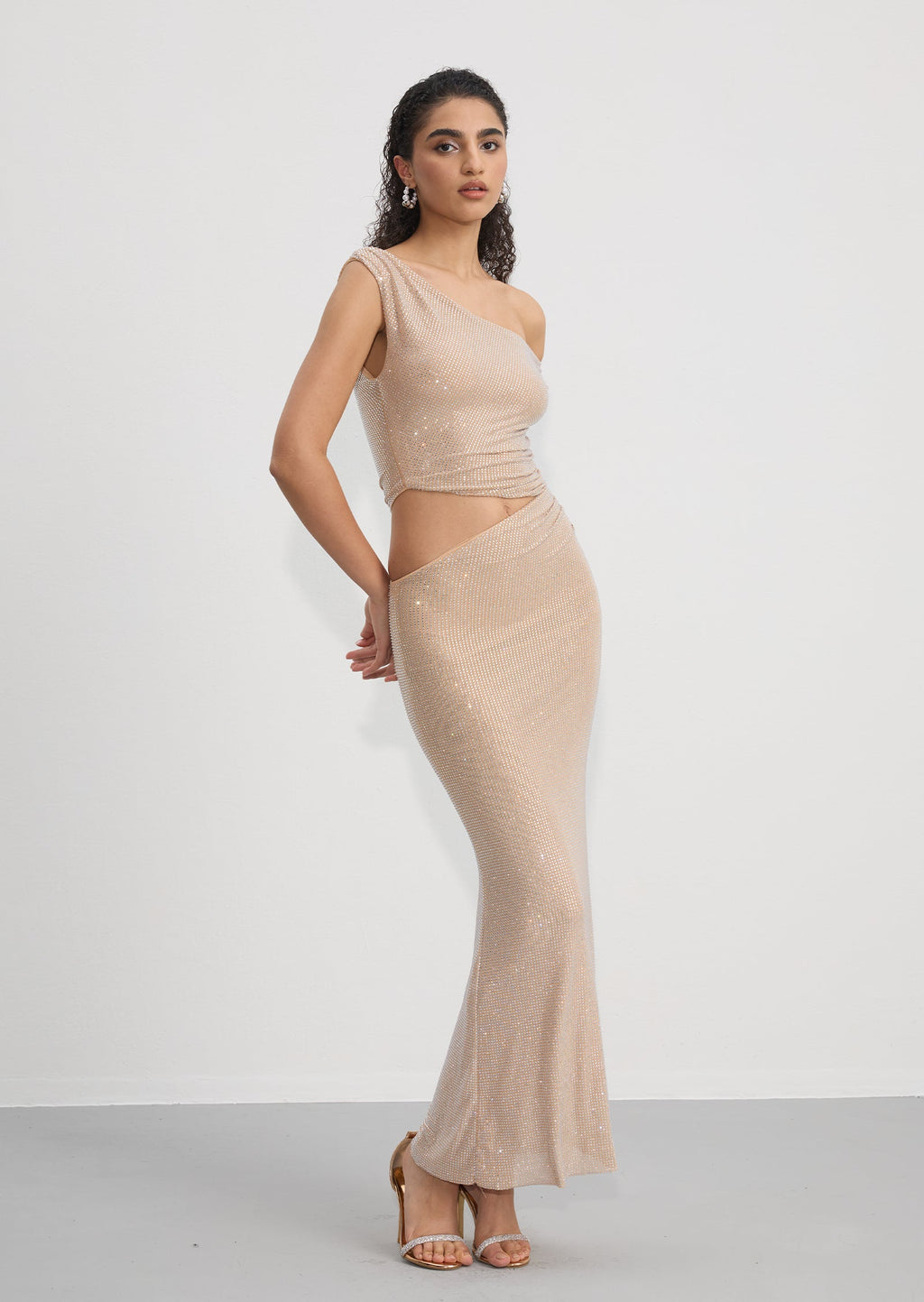 Diamante One Shoulder Maxi Dress In Gold