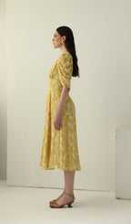 Yellow Printed Short Sleeve Midi Dress