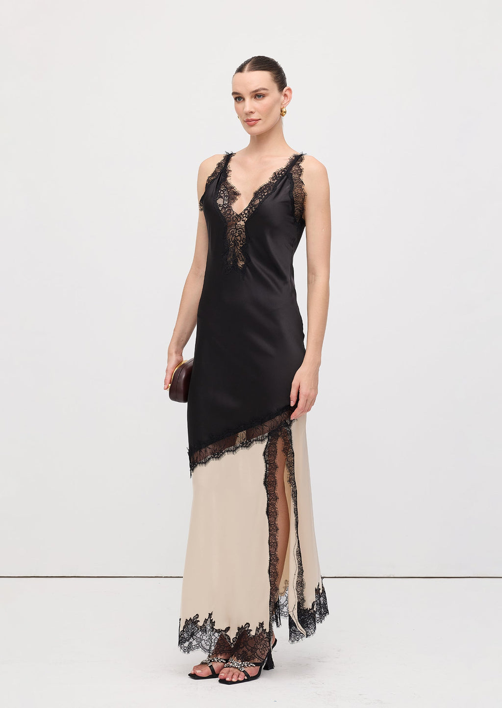 Diagonal Lace Slit Maxi Dress