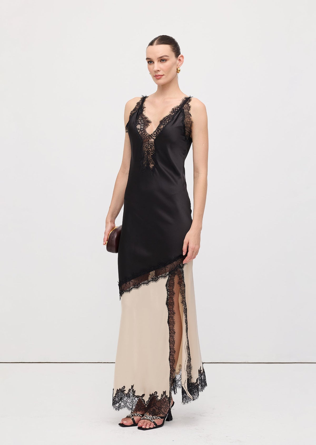 Diagonal Lace Slit Maxi Dress