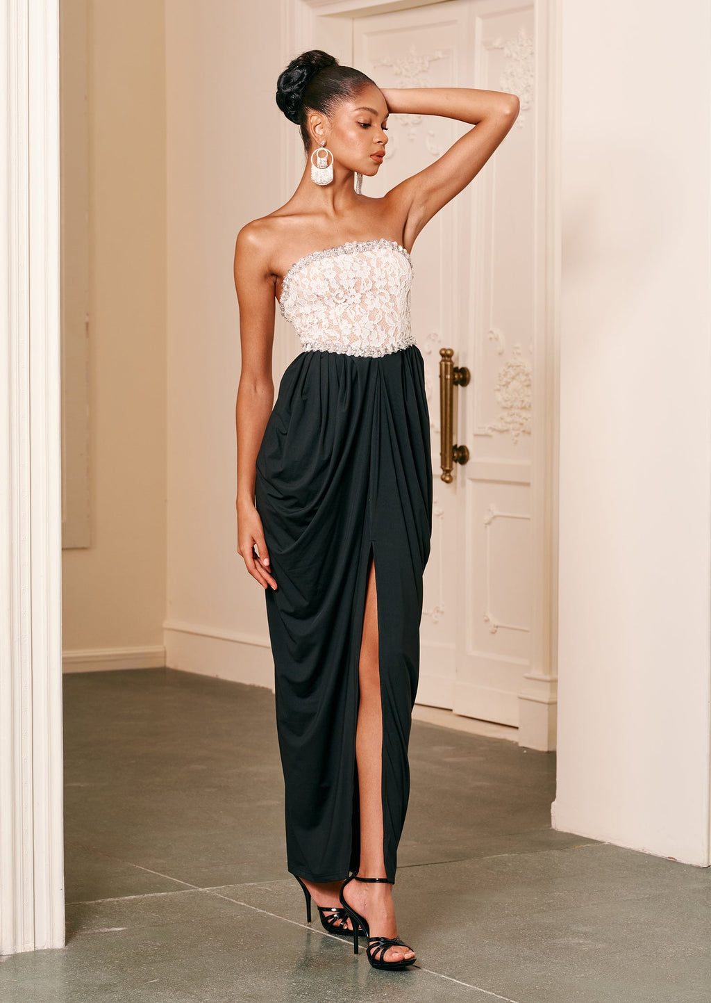 Strapless Lace Beaded Patchwork Maxi Dress