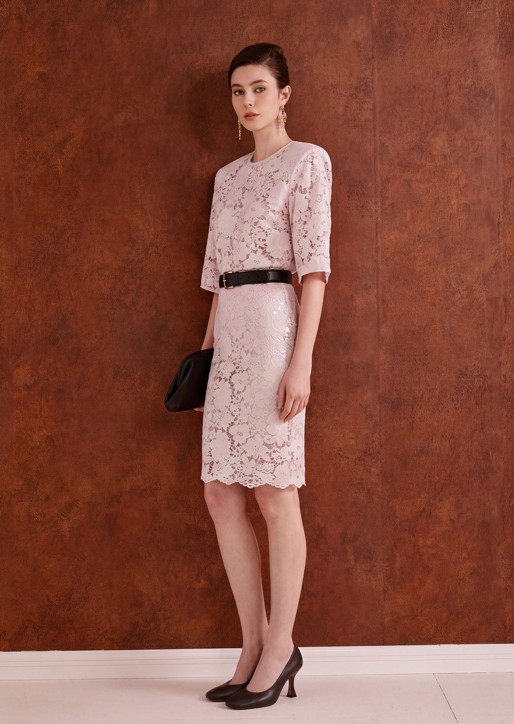 Aralyn Velvet  Lace T-Shirt & Lace Skirt Set In Pink