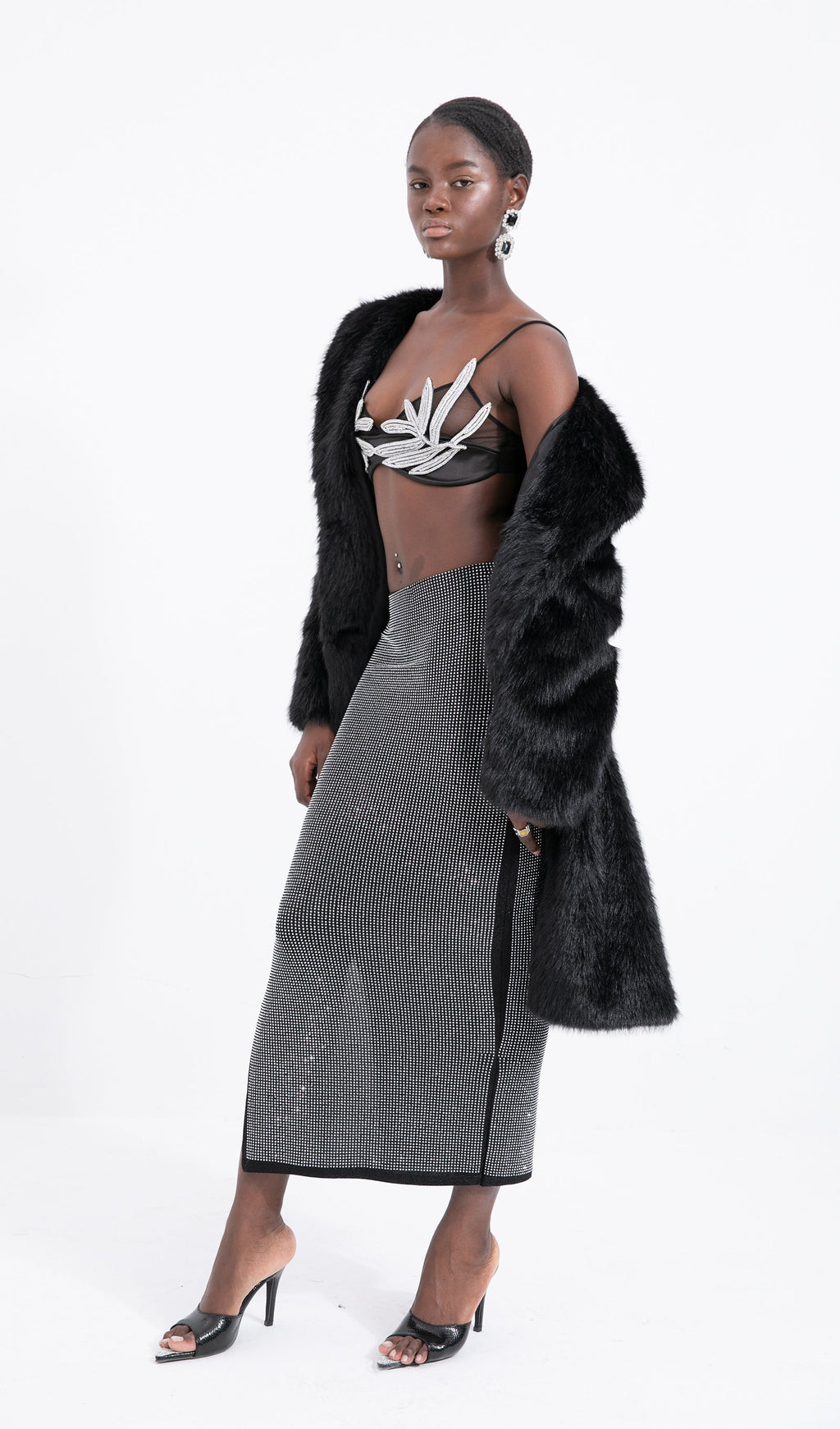 Silver-Tone Beaded Midi Skirt