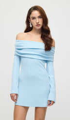 Off Shoulder Rib Knit Mini Dress In Baby Blue