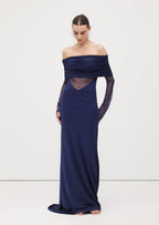 One Shoulder Slinky Ruched Maxi Dress-Blue