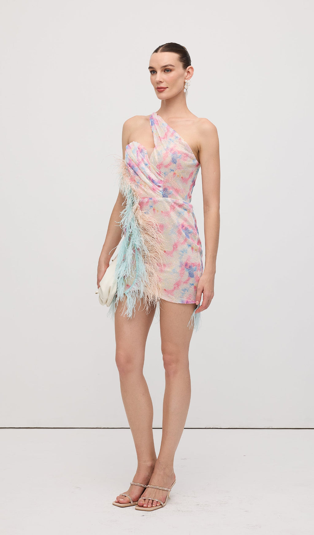 Asymmetric Sequined With Feathers Mini Dress
