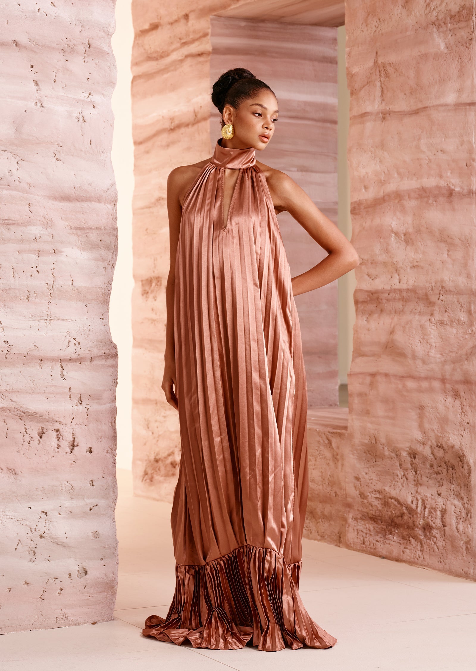 Sleeveless V Neckline Pleats Ruffled Maxi Dress