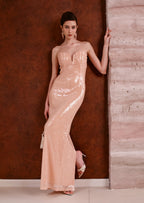 Cambria Bow Sequin Scalloped Maxi Dress In Pink