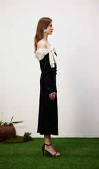 Off Shoulder Pearl Lace Up Maxi Dress