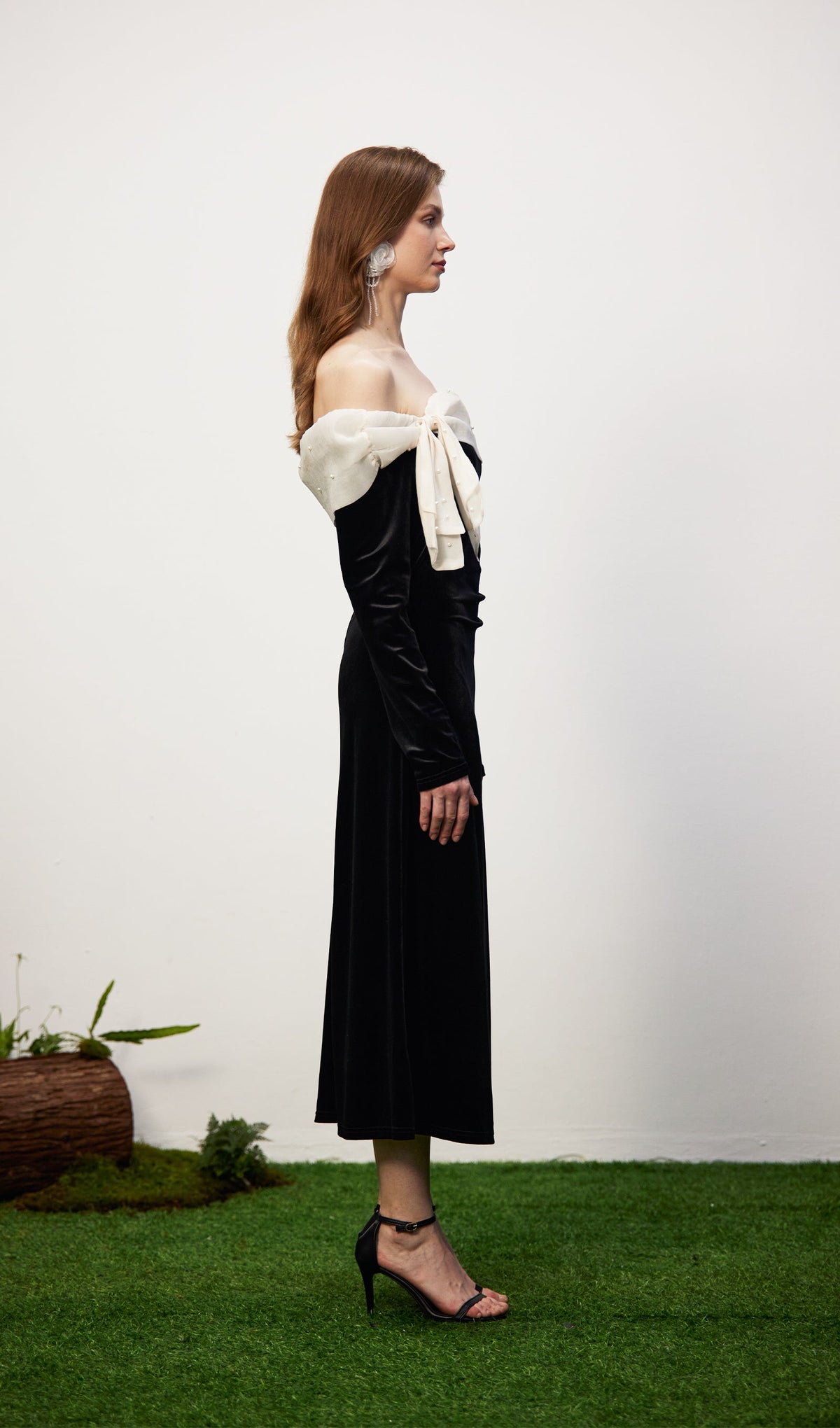 Off Shoulder Pearl Lace Up Maxi Dress