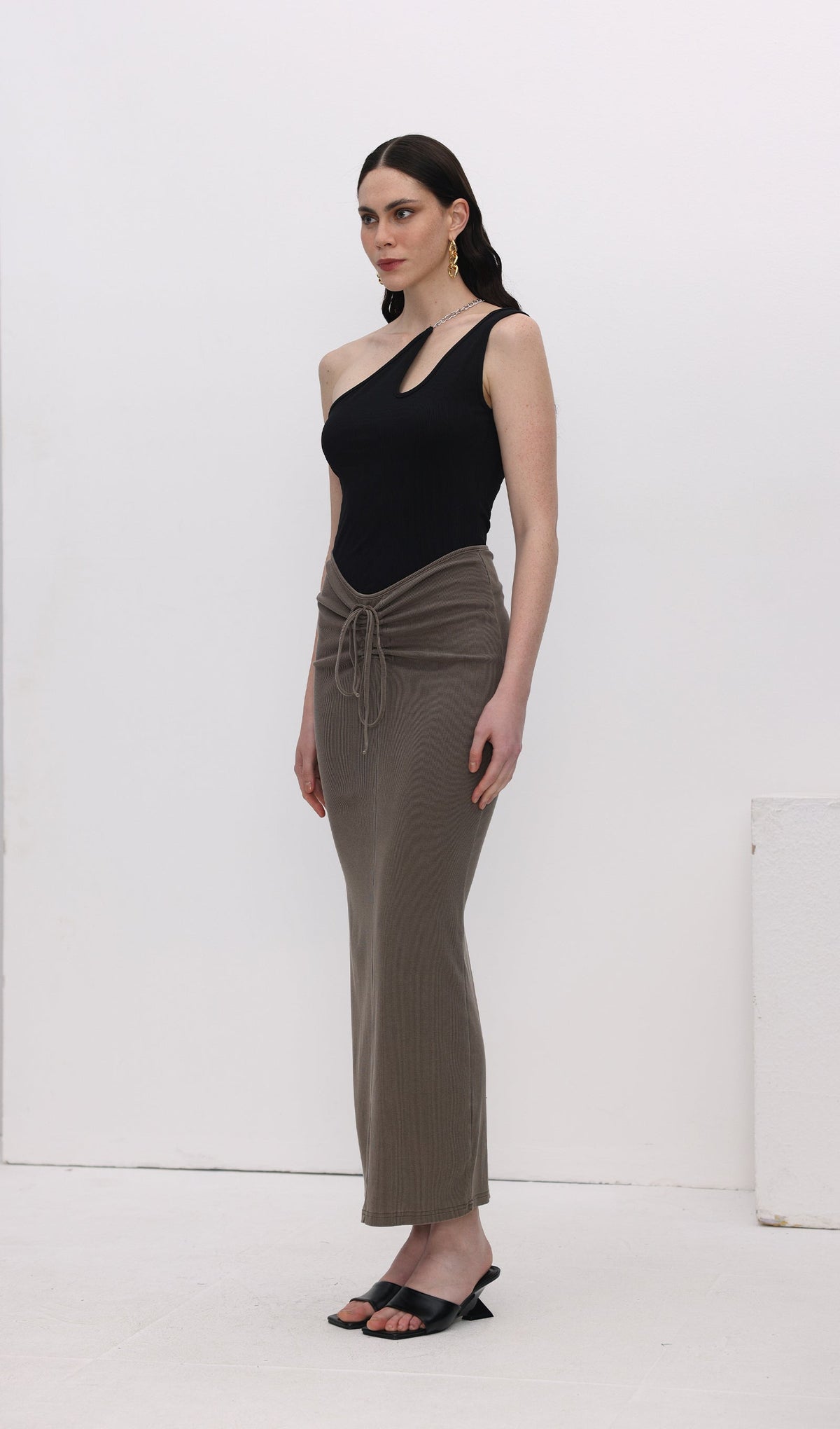 Tie Drape Pleated Midi Skirt
