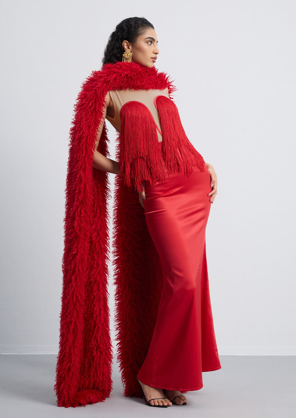 Hiba Fringe Detail Satin Maxi Dress With Fur Collar