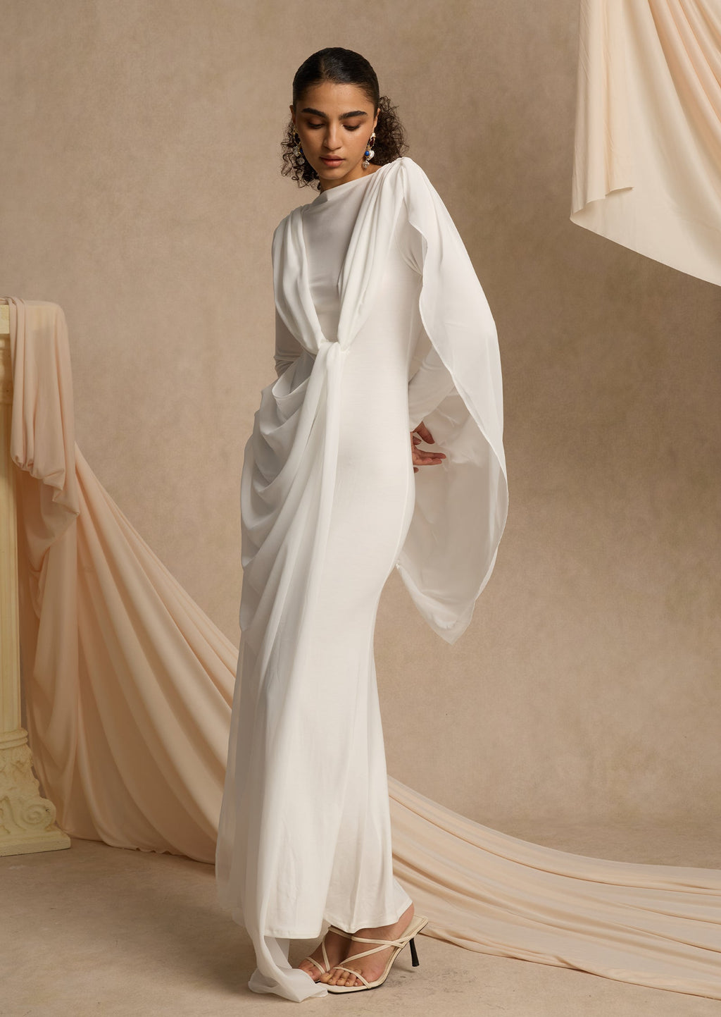 Shawl Ribbon Knotted Maxi Dress In White