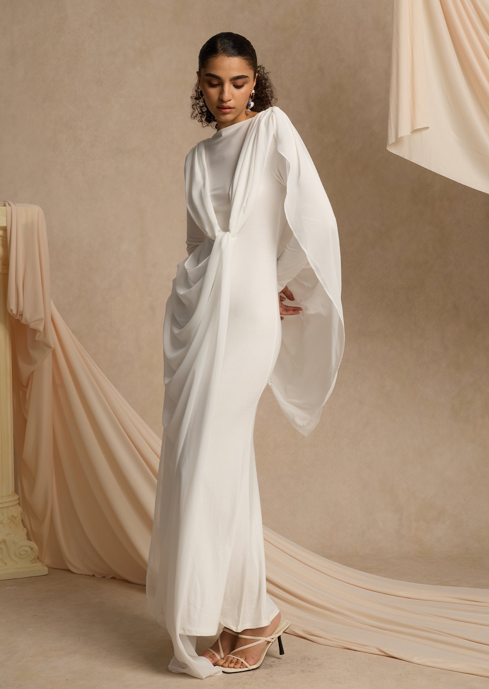 Shawl Ribbon Knotted Maxi Dress In White