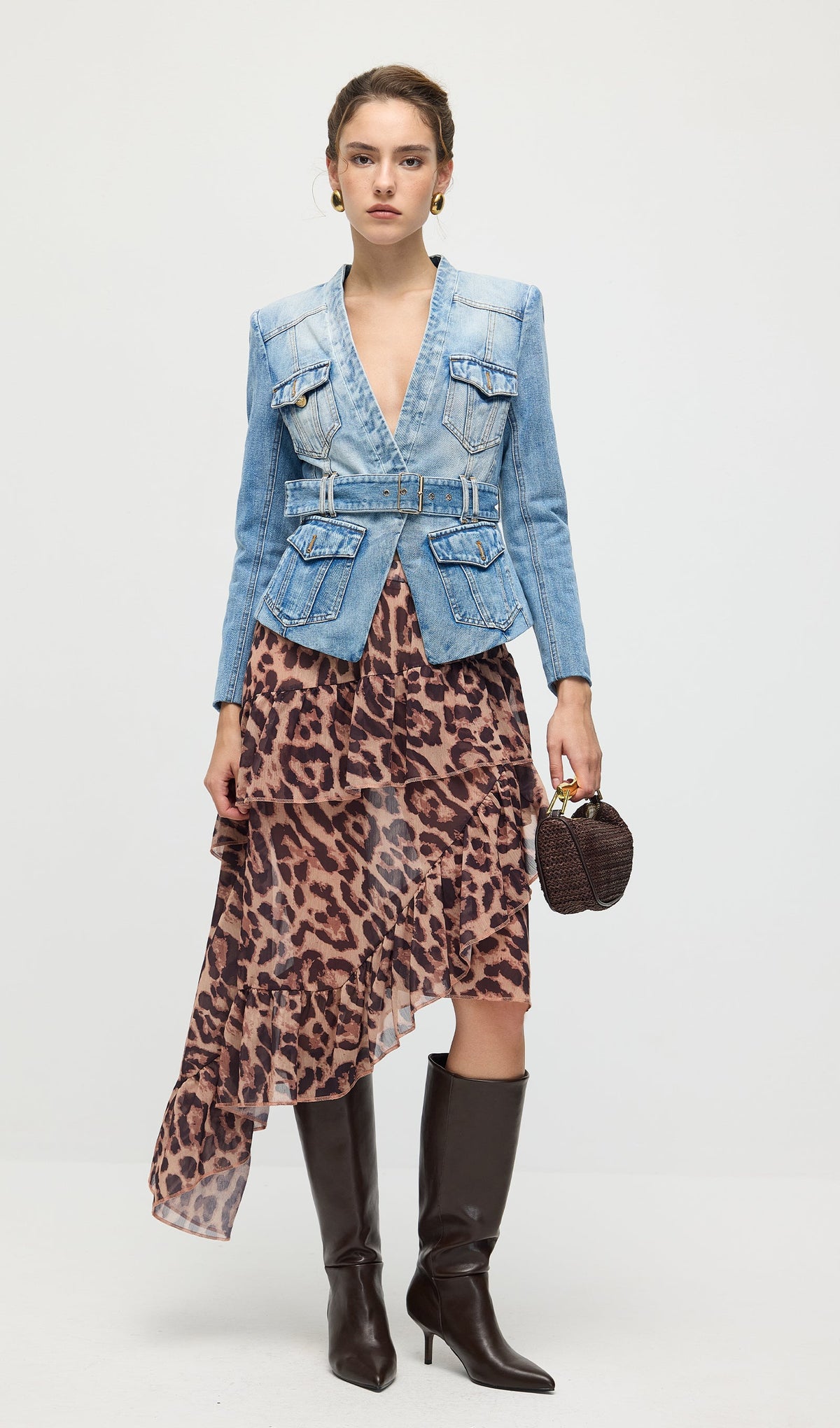 Solid V Neck Blue Denim Jacket With Belt