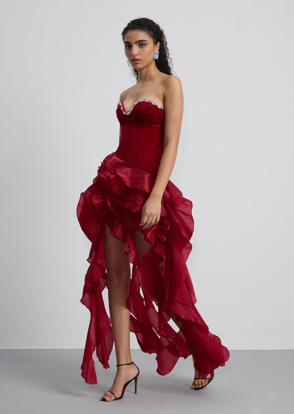 Strapless Ruffled Velvet Maxi Dress In Red