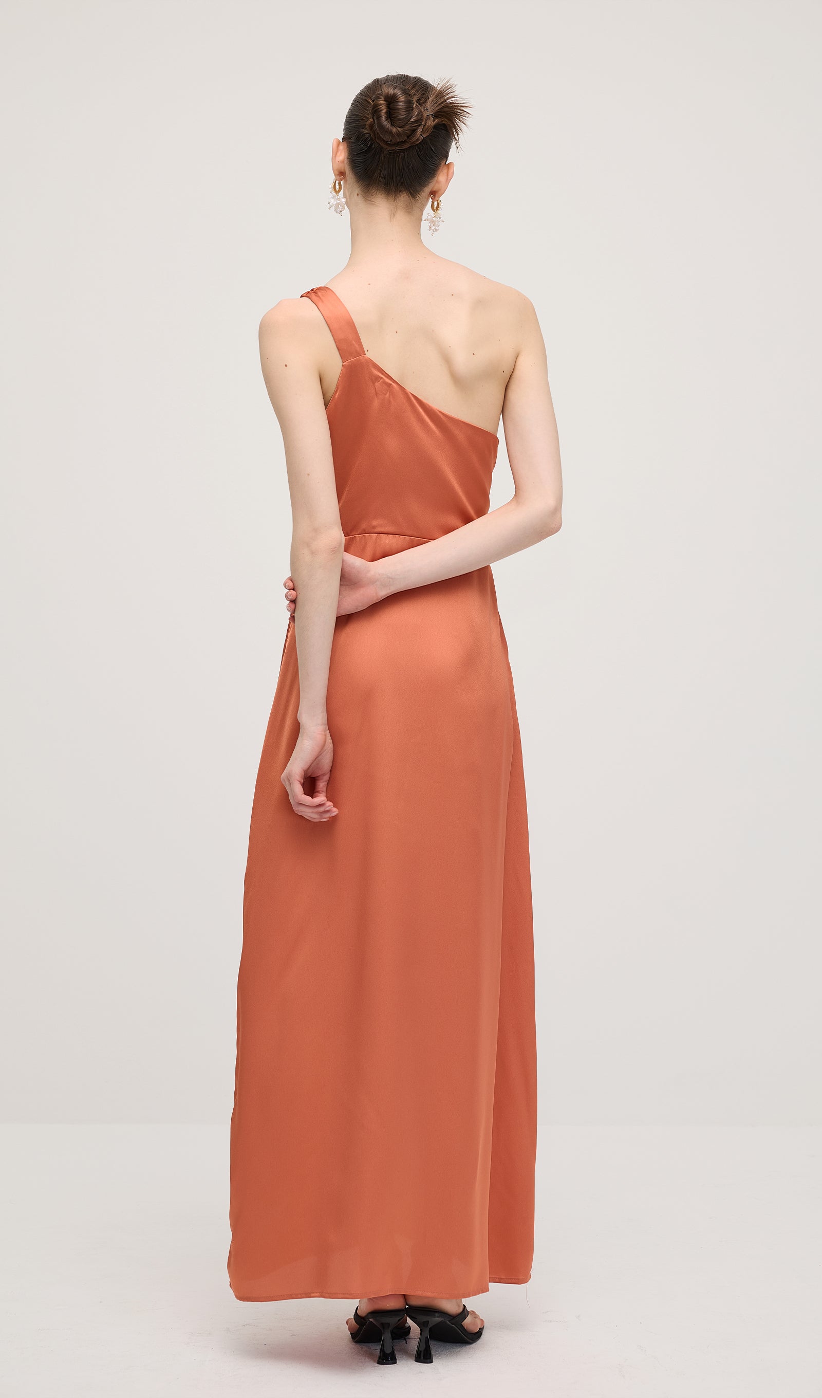 One Shoulder Draping Feature Midi Dress In Rose Brown