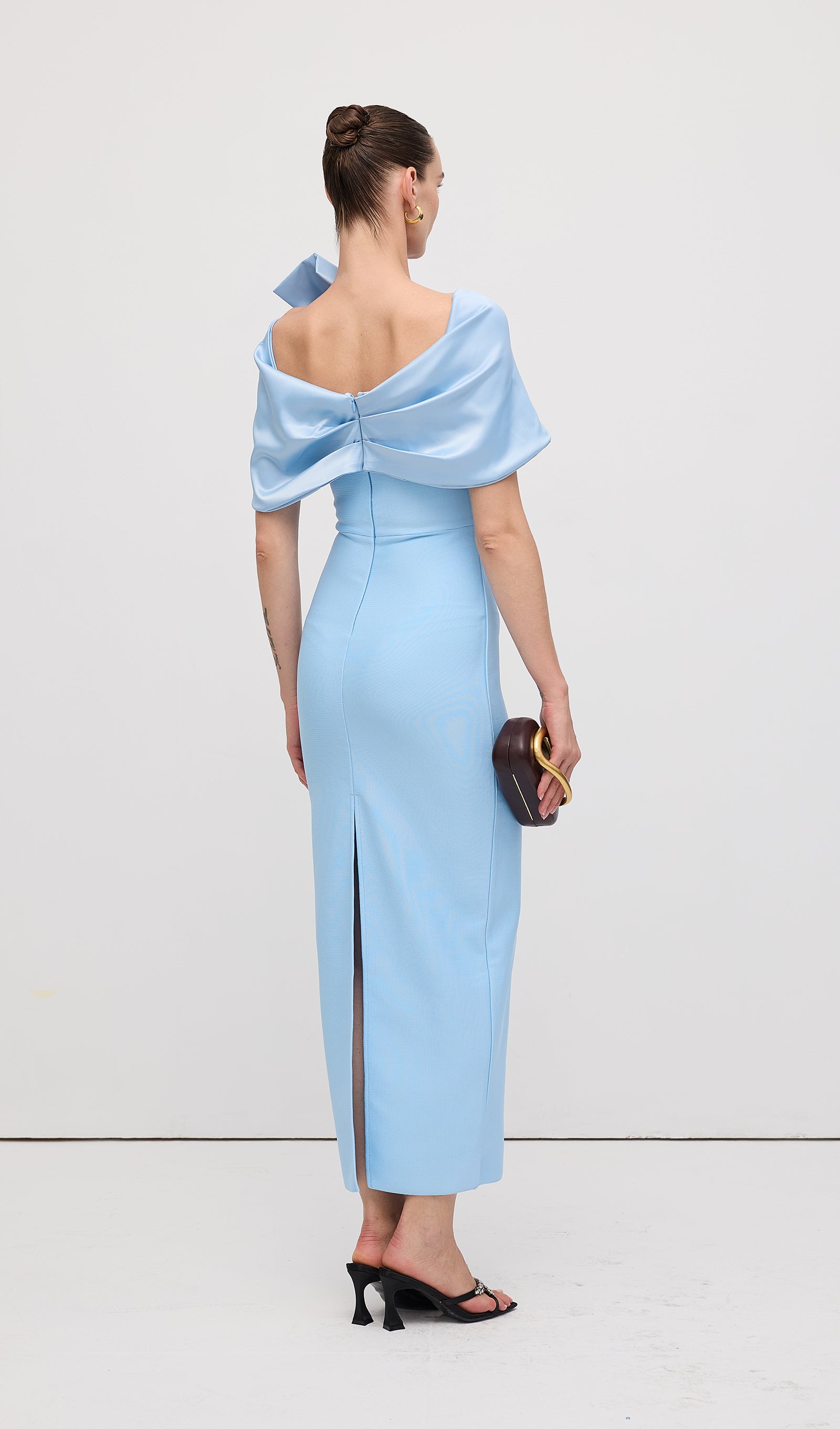 Shawl Strapless Collar Satin Maxi Dress