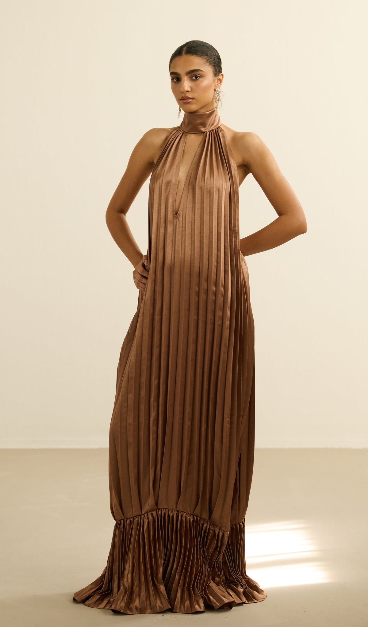 V Neckline Pleats Ruffled Maxi Dress