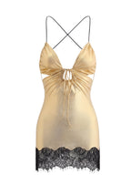 Meino Open Back V Neck Lace Mini Dress