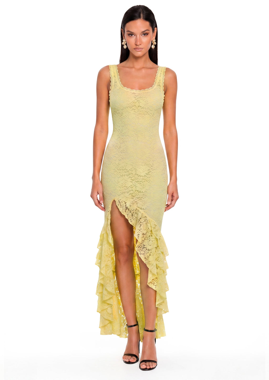 Kalliste Lace Ruffle Maxi Dress In Lemon Yellow