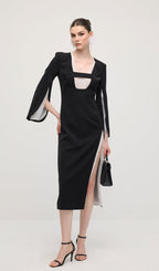 Slit Square Shoulder Midi Dress In Black
