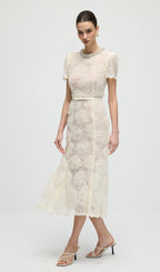 Cream Tulle Lace Midi Dress