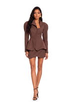 Zamir Deep Neck Suit Jacket & Skirt Set In Brown