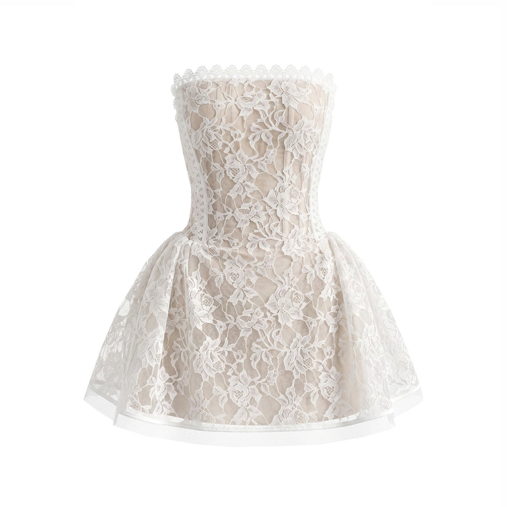 Vahn Strapless Lace Mini Dress In White