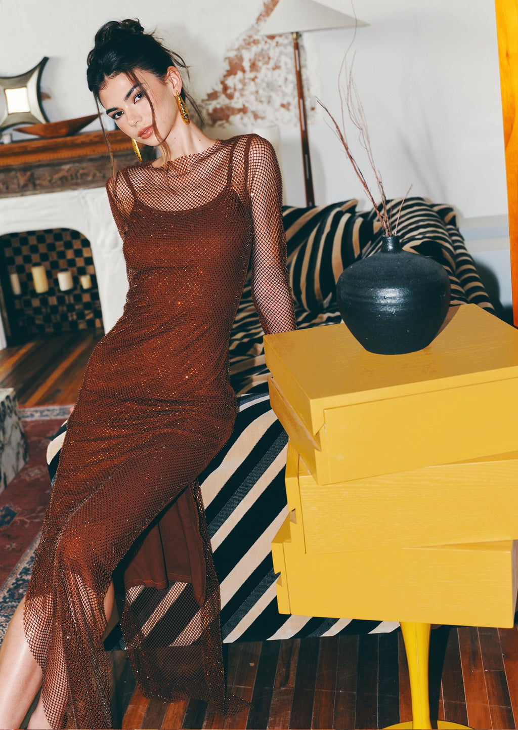 Mesh With Monochrome Lining  Maxi Dress In Coffee