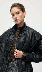 Waisted Lapel Leather Jacket In Black