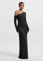 Diamante Long Sleeve Maxi Dress In Black