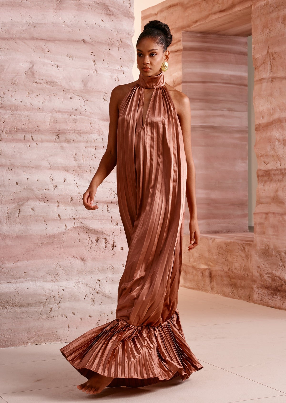 Sleeveless V Neckline Pleats Ruffled Maxi Dress