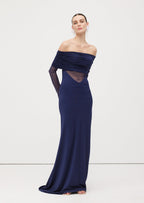 One Shoulder Slinky Ruched Maxi Dress-Blue