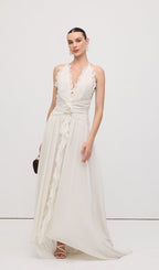 Halter Ruffles Rose Decoration Maxi Dress White