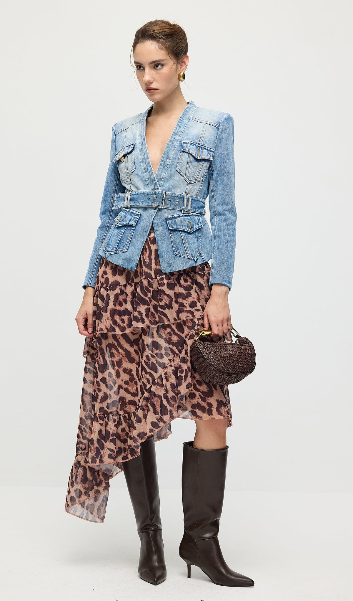 Solid V Neck Blue Denim Jacket With Belt