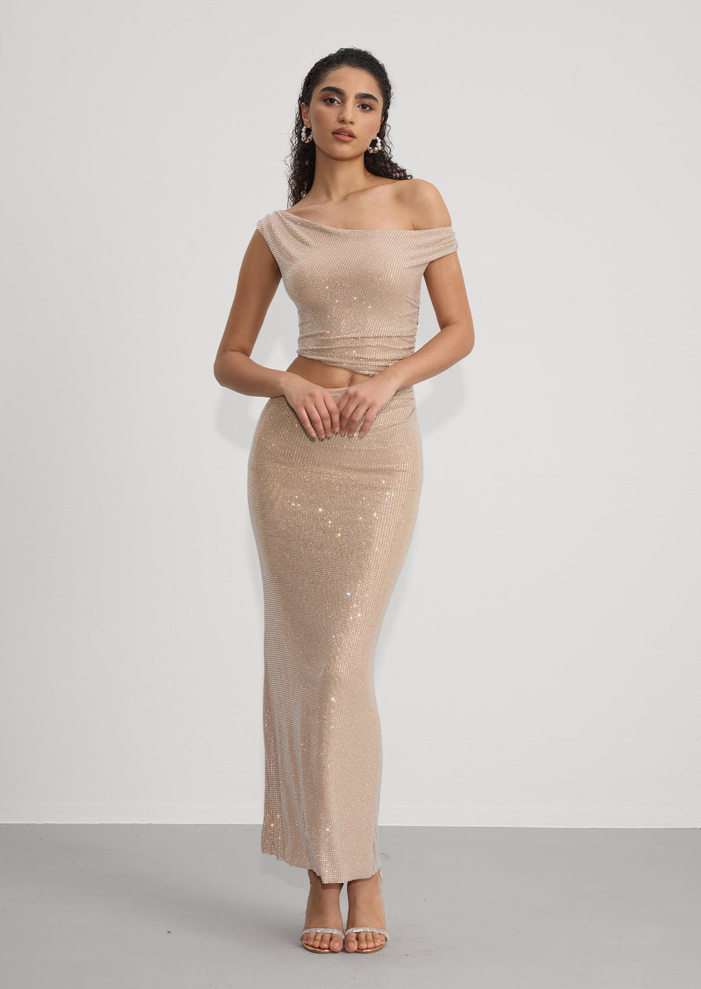 Diamante One Shoulder Maxi Dress In Gold