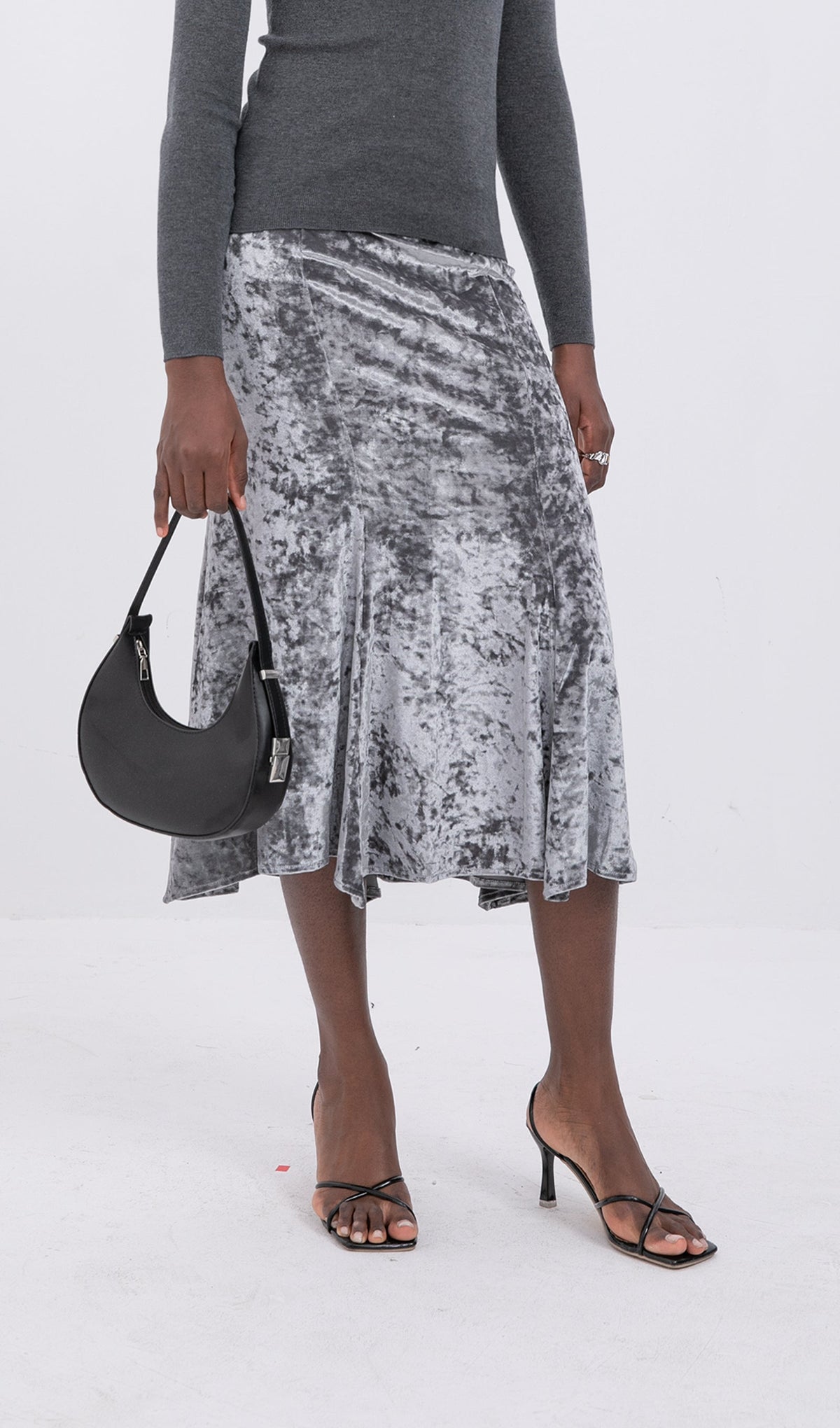 Trendy High Waist Velvet Midi Skirt-Silver