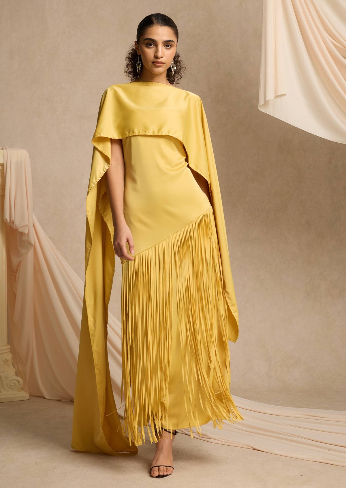 Cape Detailed Fringed Gown