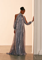 Silver Chiffon Lamé Maxi Dress With Halter Neck