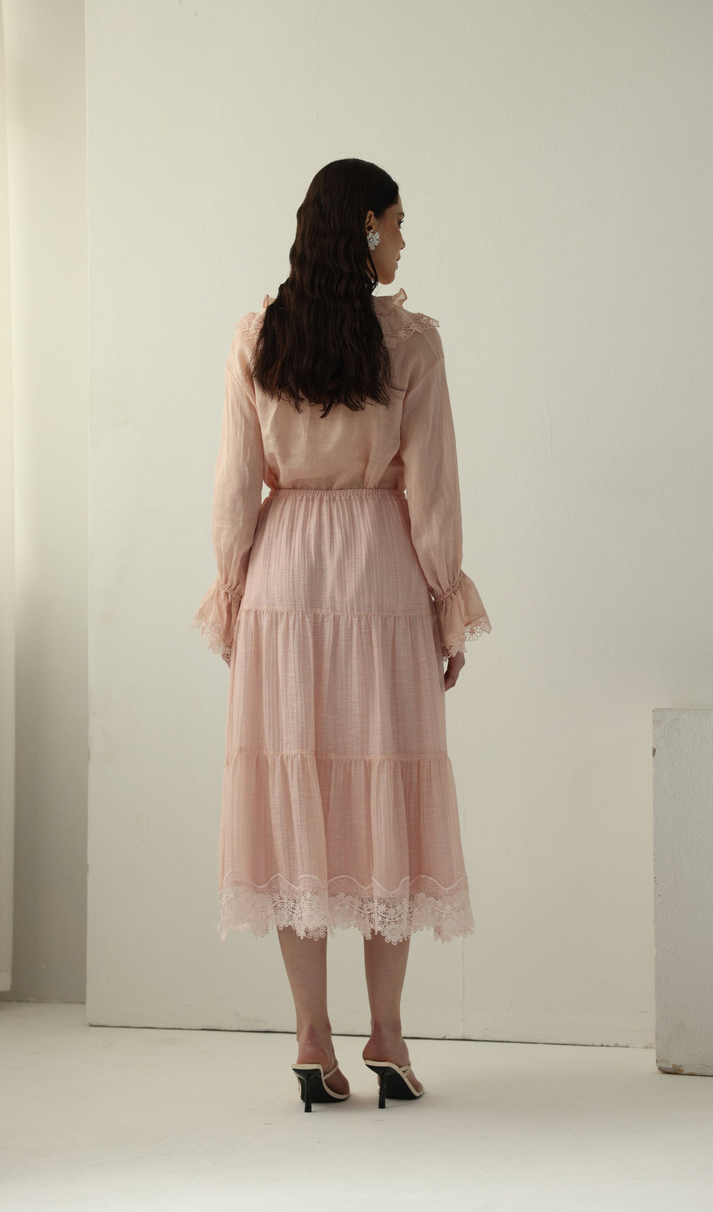V Neck Lace Panel Ruffled Top