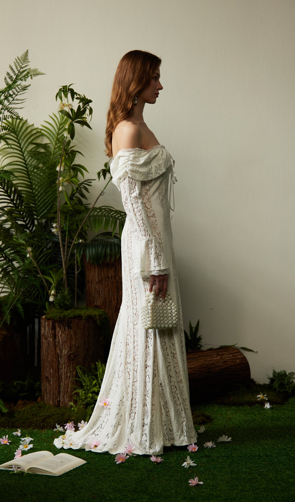 Vintage Floral Lace Off Shoulder Maxi Dress