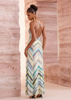 Brian Open Back Crochet Knit Maxi Dress In Blue
