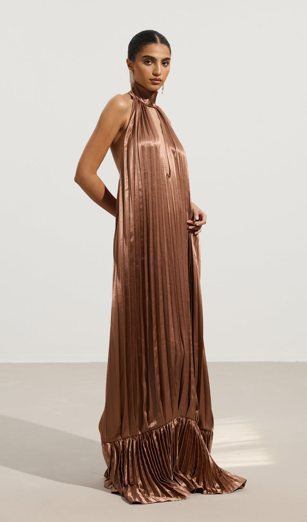 V Neckline Pleats Ruffled Maxi Dress