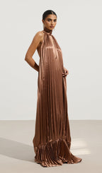 V Neckline Pleats Ruffled Maxi Dress
