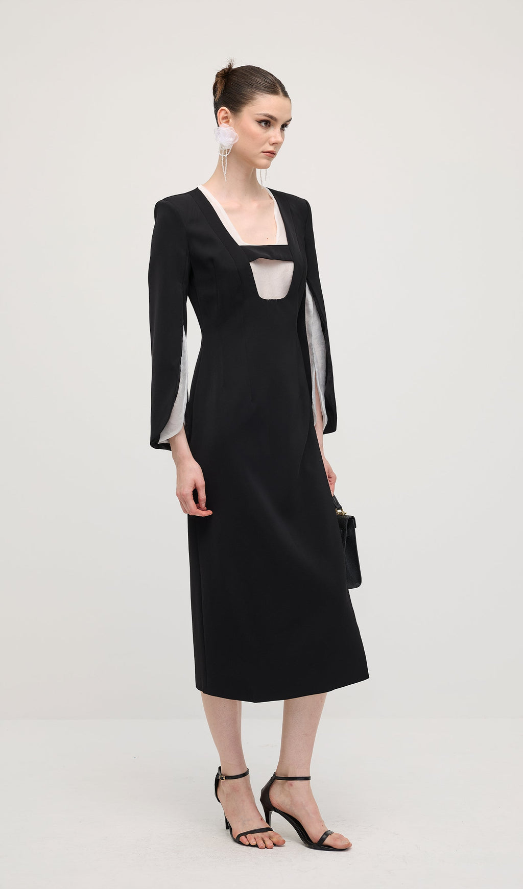 Slit Square Shoulder Midi Dress In Black