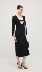 Slit Square Shoulder Midi Dress In Black