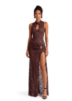 Loa Stand Up Collar Slit Maxi Dress In Dight Brown