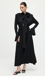 Flower V-Neck Pleated Slit Maxi Dress In Black